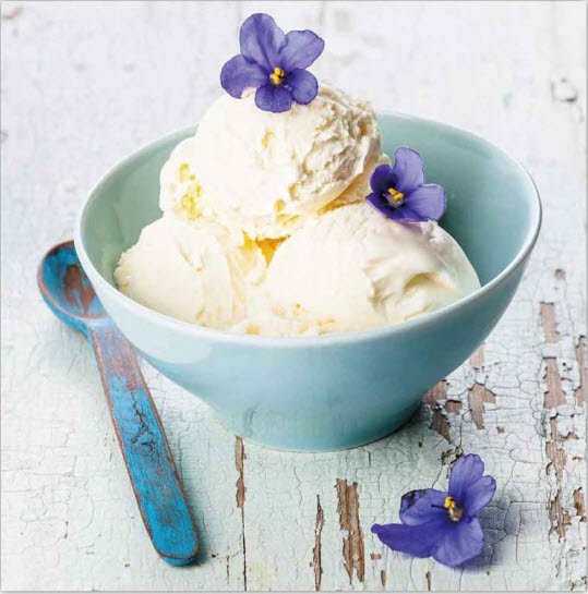 Serviette vanilla icecream decorated with violet flower